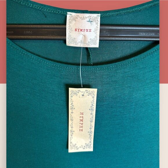 🥎 NWT NYMPHE TEAL NEON YELLOW CONTRAST 3/4 DROP SHOULDER SLEEVES TUNIC MEDIUM - Picture 5 of 6